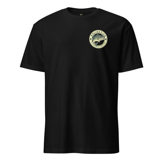 Black t-shirt with a round largemouth bass graphic design and text 'Halieutics'