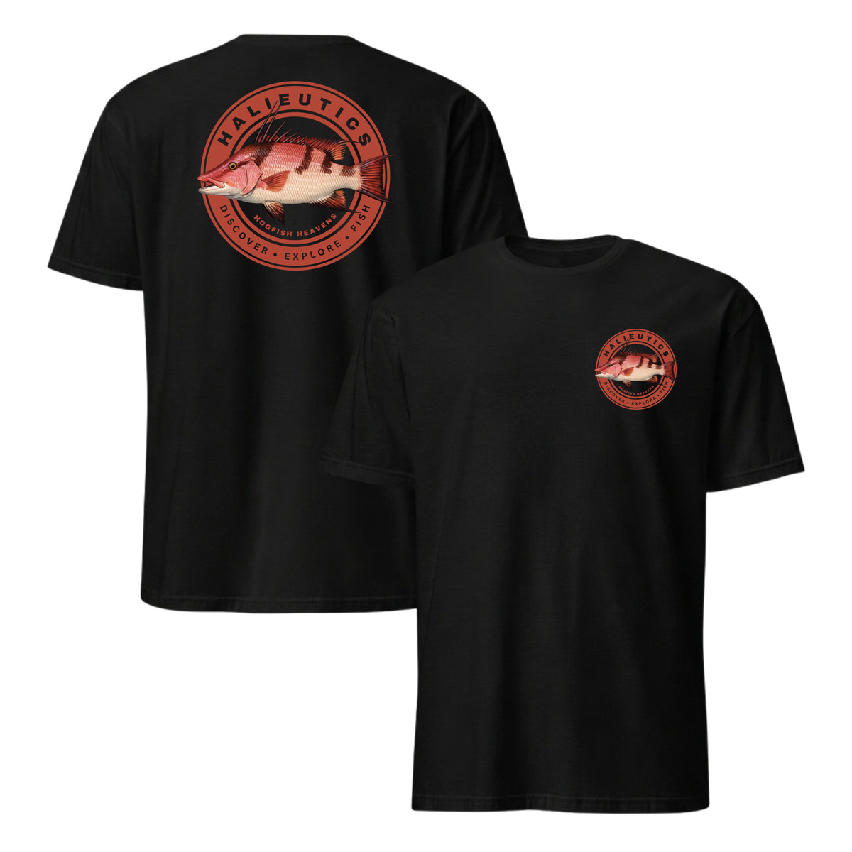 Two black short-sleeve t-shirts shown on a white background, one displaying the back graphic of a hog fish and one showing the front chest graphic. The circular graphic features a red and pink hog fish with the text 'HALLEUTICS'