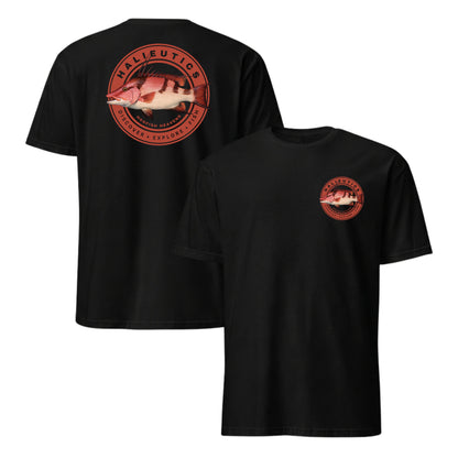Two black short-sleeve t-shirts shown on a white background, one displaying the back graphic of a hog fish and one showing the front chest graphic. The circular graphic features a red and pink hog fish with the text 'HALLEUTICS'