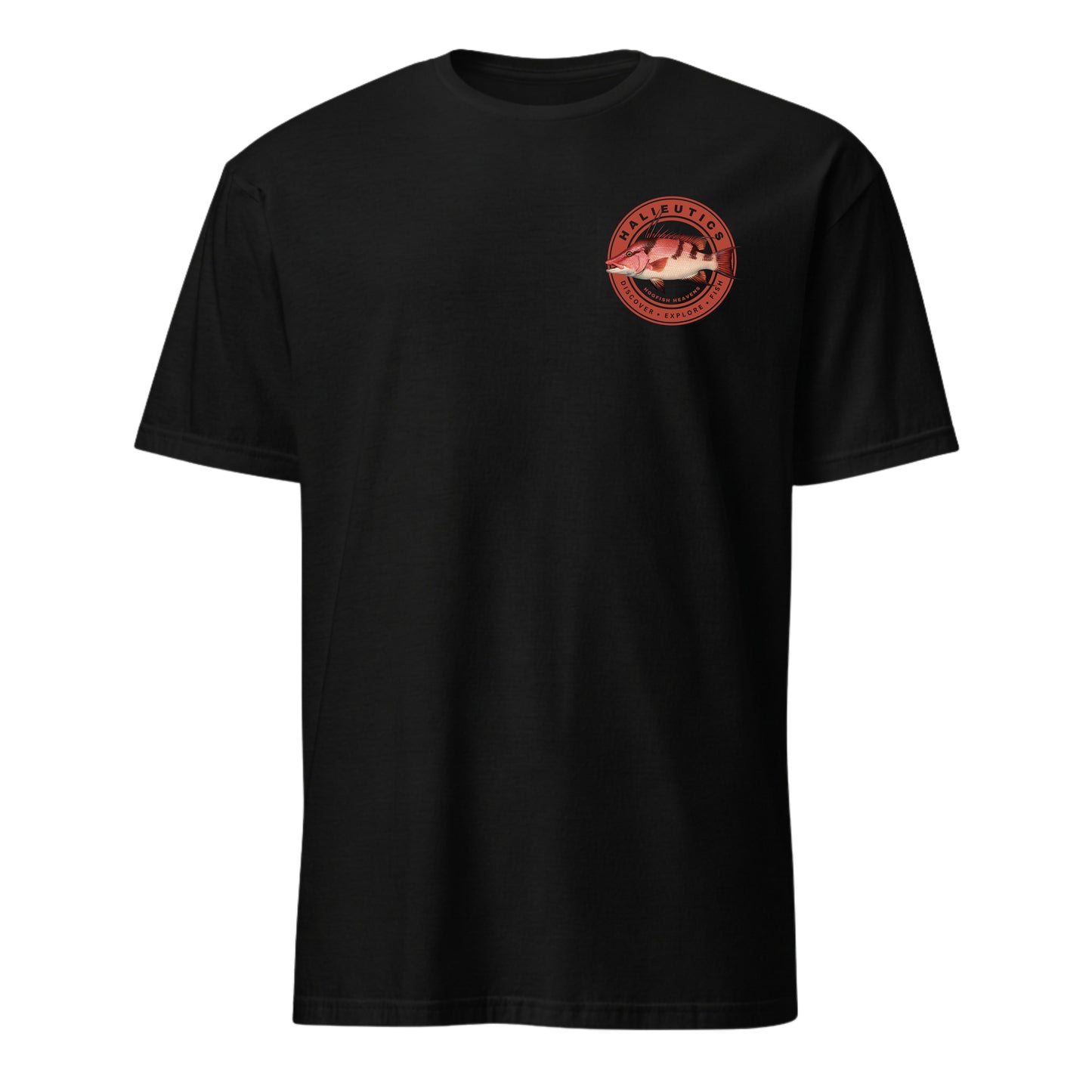 A black short-sleeve crewneck t-shirt with a circular red and pink graphic hog fish printed on the left chest, displayed on a solid white background.