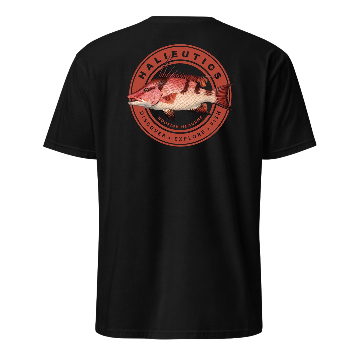 A black short-sleeve t-shirt shown from the back, featuring a large circular graphic print with a red and pink hog fish and the text 'HALIEUTICS' and 'DISCOVERER • EXPLORE • FISH'.