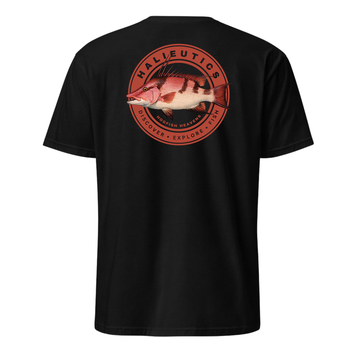 A black short-sleeve t-shirt shown from the back, featuring a large circular graphic print with a red and pink hog fish and the text 'HALIEUTICS' and 'DISCOVERER • EXPLORE • FISH'.