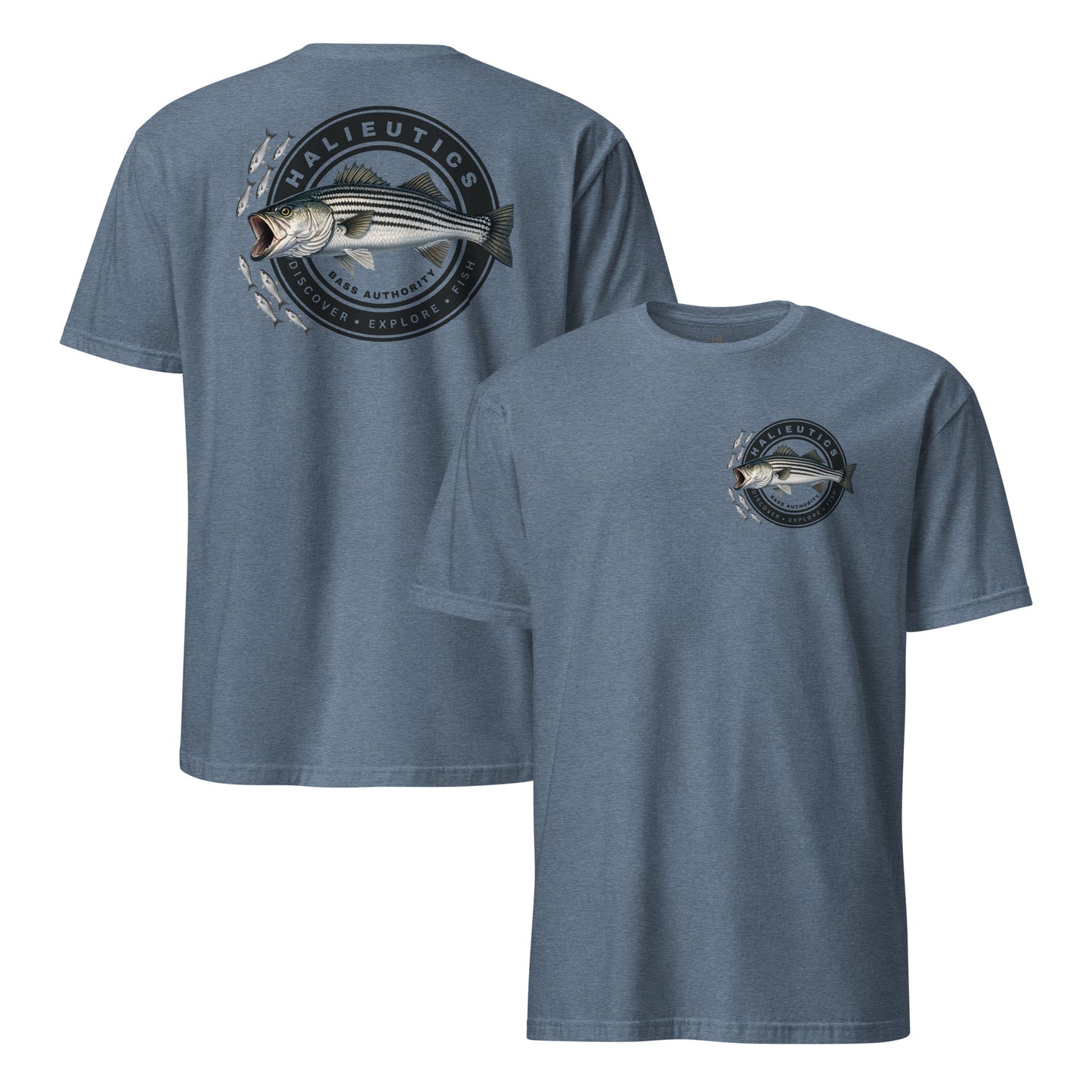 A slate blue short-sleeve t-shirt shown from both front and back. The front features a small striped bass fish graphic on the left chest, while the back displays a large version of the same fish graphic with the text 'HALIEUTICS' and 'FISHING APPAREL'.
