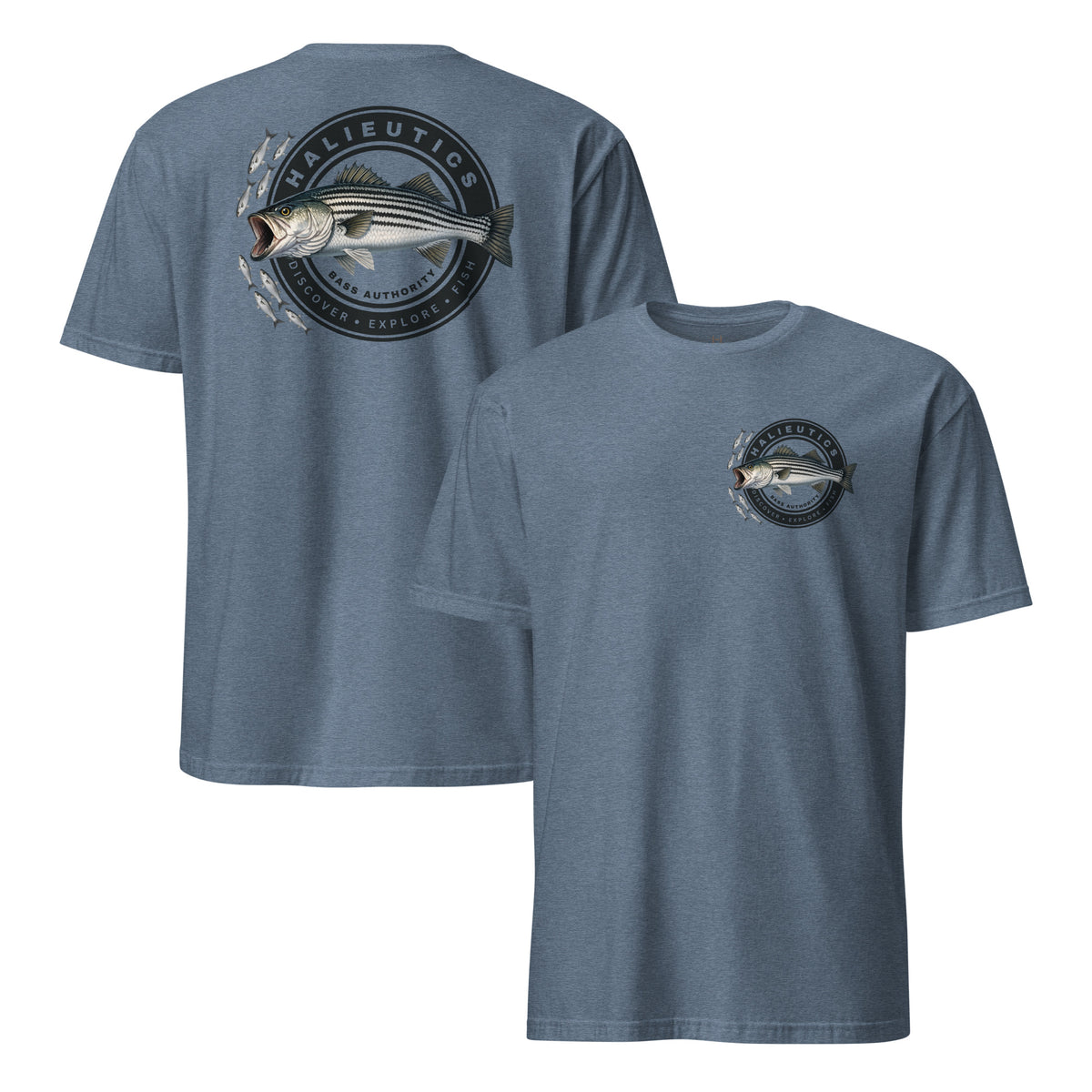 A slate blue short-sleeve t-shirt shown from both front and back. The front features a small striped bass fish graphic on the left chest, while the back displays a large version of the same fish graphic with the text 'HALIEUTICS' and 'FISHING APPAREL'.