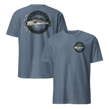A slate blue short-sleeve t-shirt shown from both front and back. The front features a small striped bass fish graphic on the left chest, while the back displays a large version of the same fish graphic with the text 'HALIEUTICS' and 'FISHING APPAREL'.