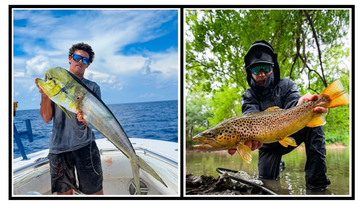 A split-screen collage of two anglers, one holding a mahi the other holding a brown trout. On the left, a man in a boat holds a large Mahi fish under a blue sky.